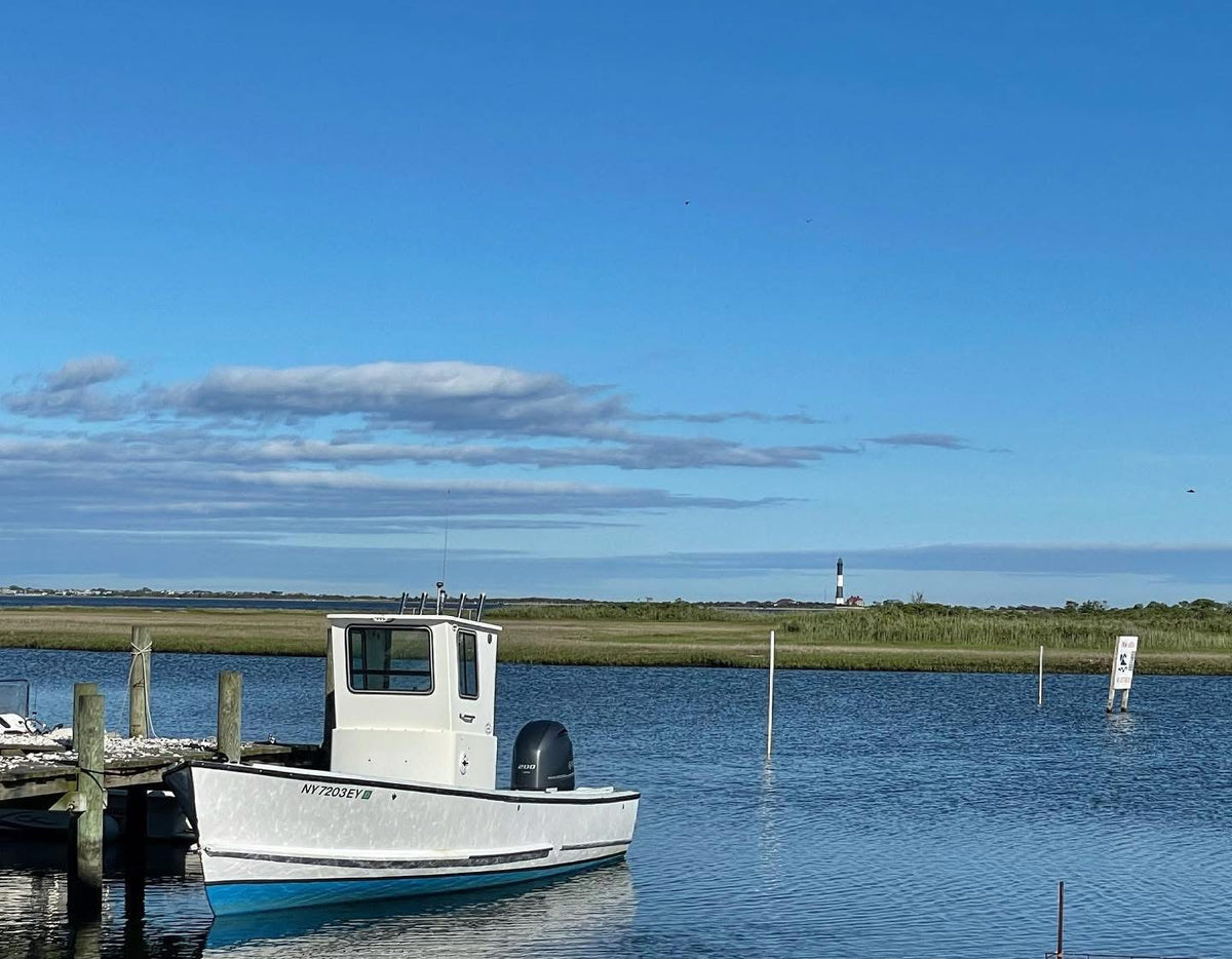A small white fishing boat with a blue stripe along the hull is docked at a wooden pier in calm blue water, with marshland, a lighthouse, and a bright blue sky in the background.